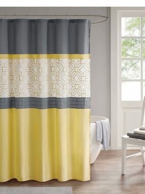 Yellow and Gray Donnell Geometric Stripe Shower Curtain
